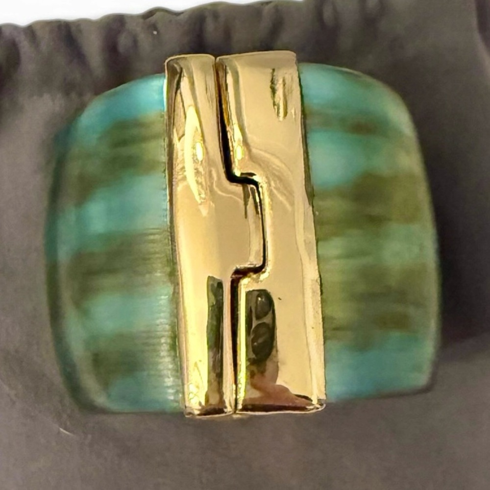 Alexis Bittar Teal Lucite and 14k Gold Plated Hinged Cuff Bracelet and Dustbag - Picture 7 of 13
